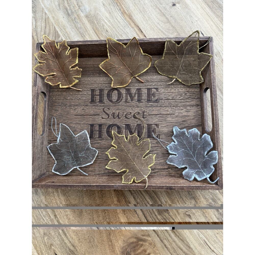 Set of 6 Metallic Mesh Leaf Ornaments Gold & Silver Fall Harvest Thanksgiving
